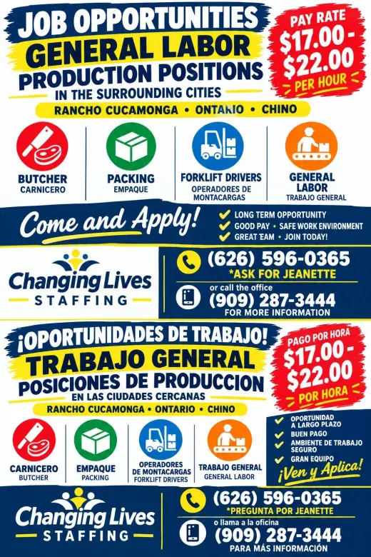 *¡TRABAJO DISPONIBLE! PRODUCCIÓN, EMPAQUE, CARNICEROS Y MONTACARGAS  $17–$22/HR*