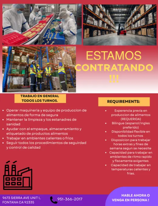 ¡Estamos Contratando! – Trabajador(a) General de Producción / Labor General