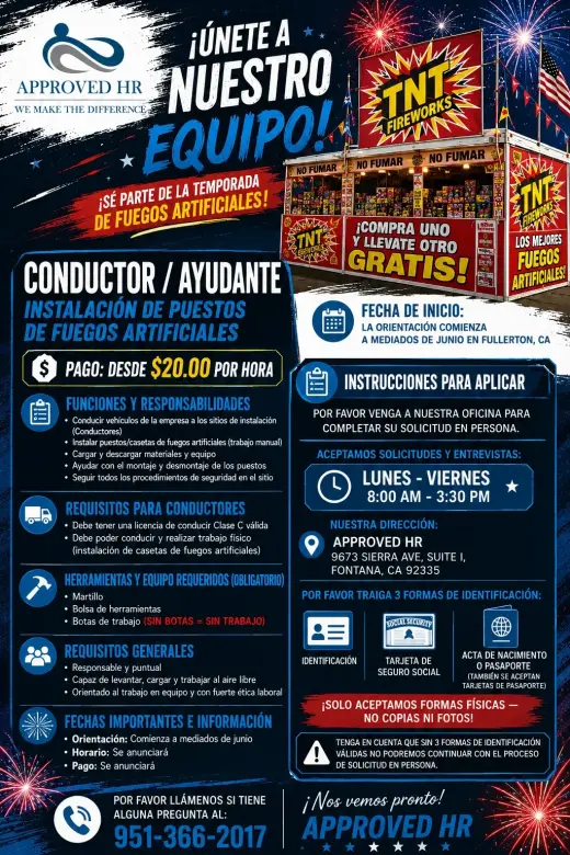 Conductor / Ayudante – Instalación de Puestos de Fuegos Artificiales