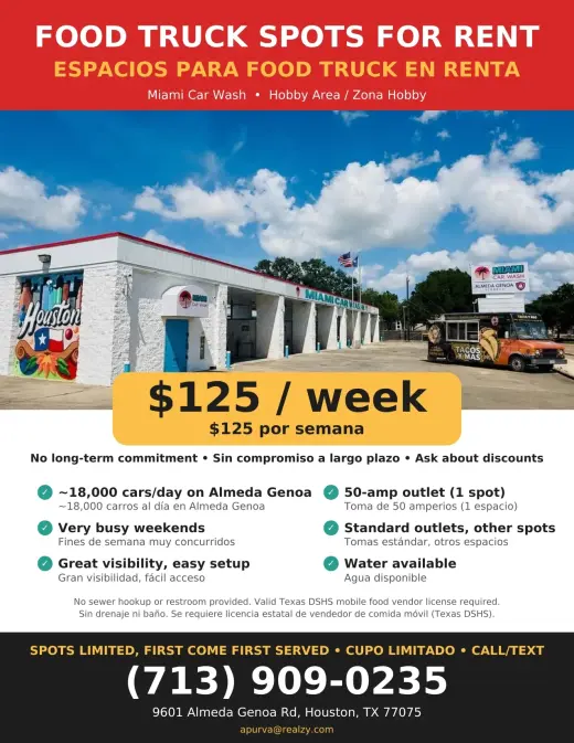 Espacio para Food Truck en Renta - $125/semana - Zona Hobby (77075)