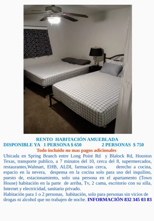 Habitación Amueblada en Renta en Spring Branch