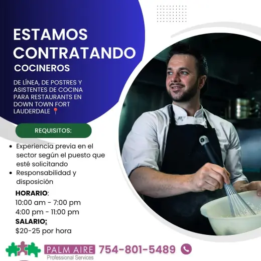 Necesitamos Cocineros de Línea / Cocineros de Postres / Ayudantes de Cocina