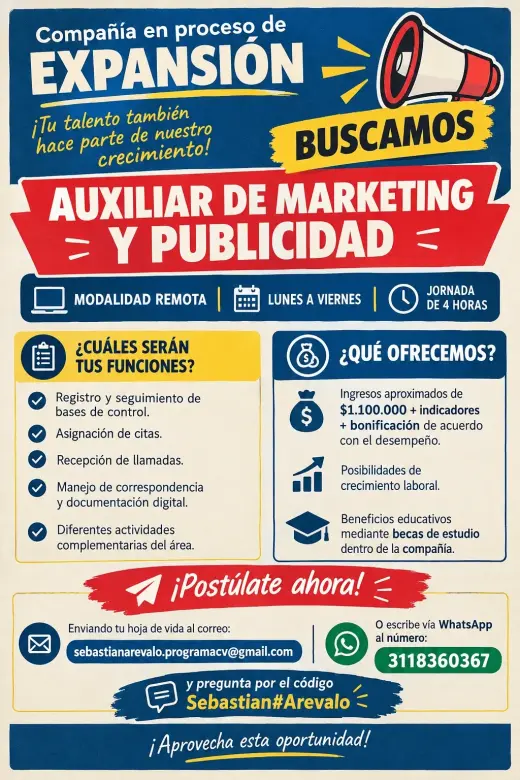 Buscamos auxiliar o asistente de recursos humanos, 4 horas diarias, aplica ahora