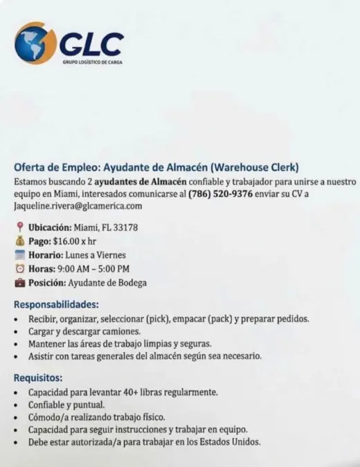 Oportunidad de Empleo: Ayudante de Almacén en Miami