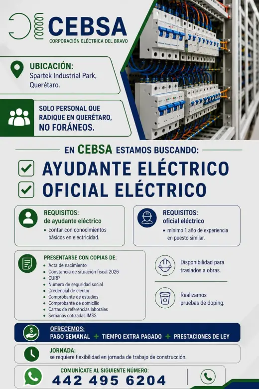 Vacantes de Oficiales y Ayudantes Electricistas.