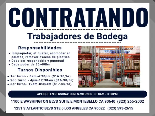 ESTAMOS CONTRATANDO TRABAJADORES DE BODEGA