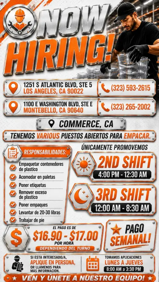 Overnight General Labor/Warehouse Work: 12AM-8:30AM. Commerce, CA