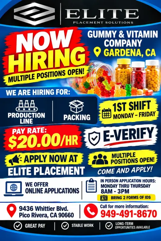 Now hiring General Labor in Gardena