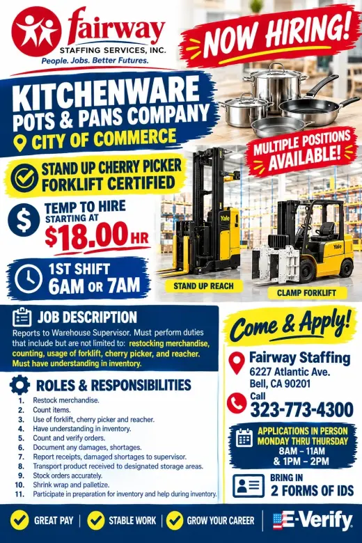 Now Hiring Certified Forklift Clamps drivers In Commerce