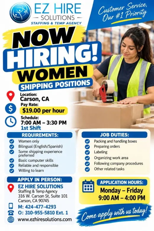 Personal Femenino Shipping Clerk $19.00 Carson/Compton
