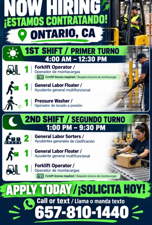 Now Hiring/Forklift and General Labor- In Ontario
