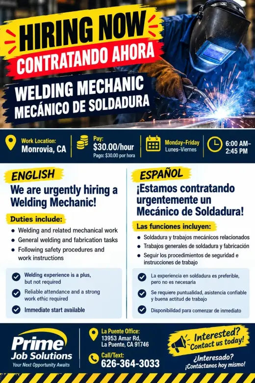 🚨 NOW HIRING: Welding Mechanic – $30/HR | Monrovia, CA 🚨