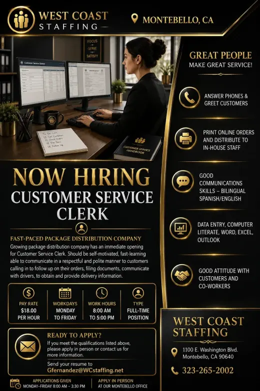Full-Time: Customer Service Clerk - Montebello, CA