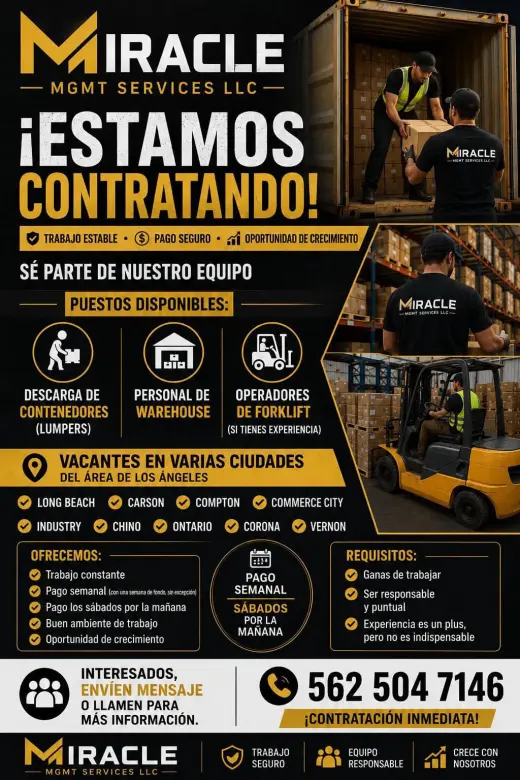 ¡OPORTUNIDAD DE EMPLEO! – Warehouse, Lumper y Forklift