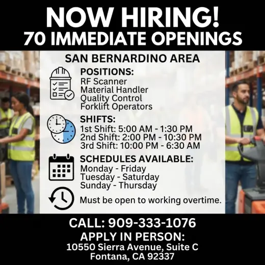 Ofertas de Trabajo en el Área de San Bernardino - ¡70 Puestos Disponibles!