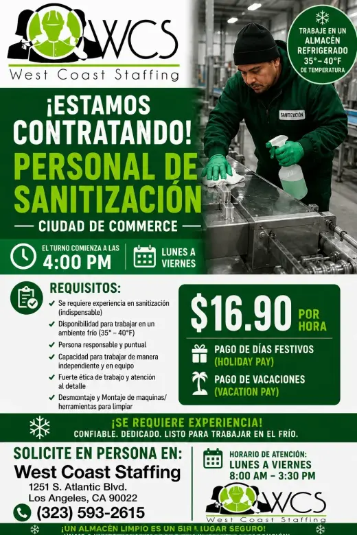 Sanitizacion de bodega fria - Segundo Turno 4pm - Commerce, CA