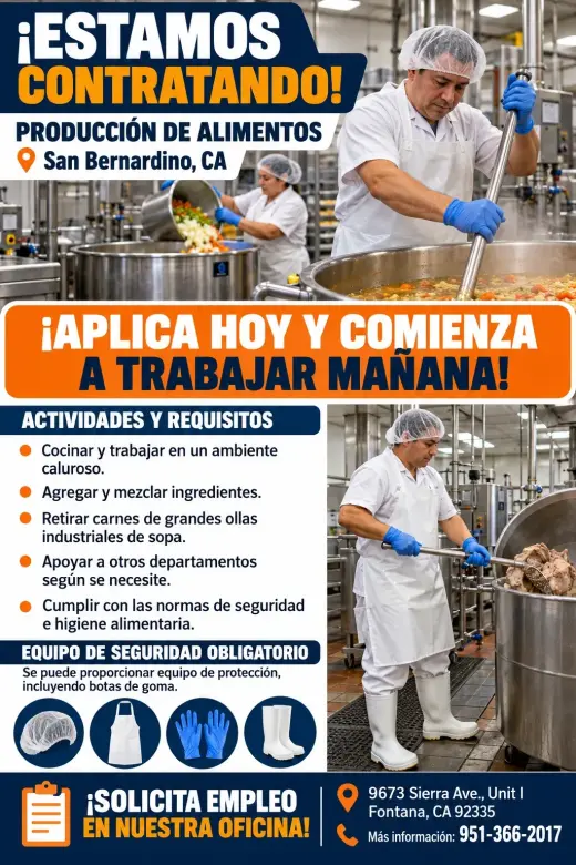 📢 ¡ESTAMOS CONTRATANDO! PERSONAL DE PRODUCCIÓN DE ALIMENTOS