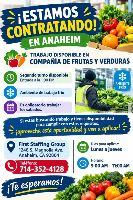 🍎🥦 ¡SE SOLICITA PERSONAL PARA QC! 🥦🍎 INGLES ES REQUERIDO / 2ND SHIFT