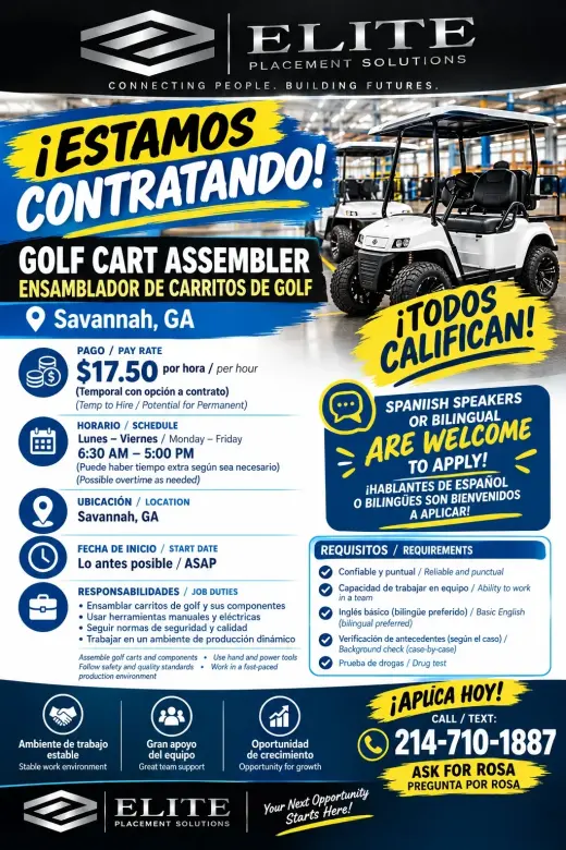 Posición de Ensamblador de Carritos de Golf Disponible en Savannah, GA