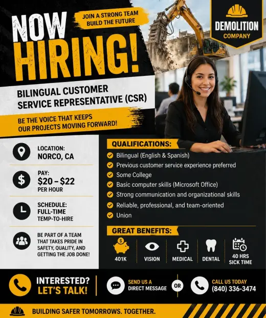 Bilingual Customer Service Representative Position Available