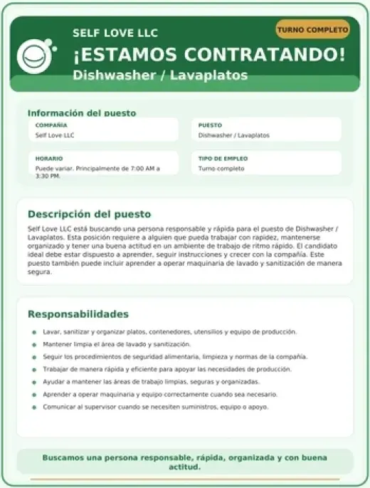 Puesto: Dishwasher/ Lavaplatos