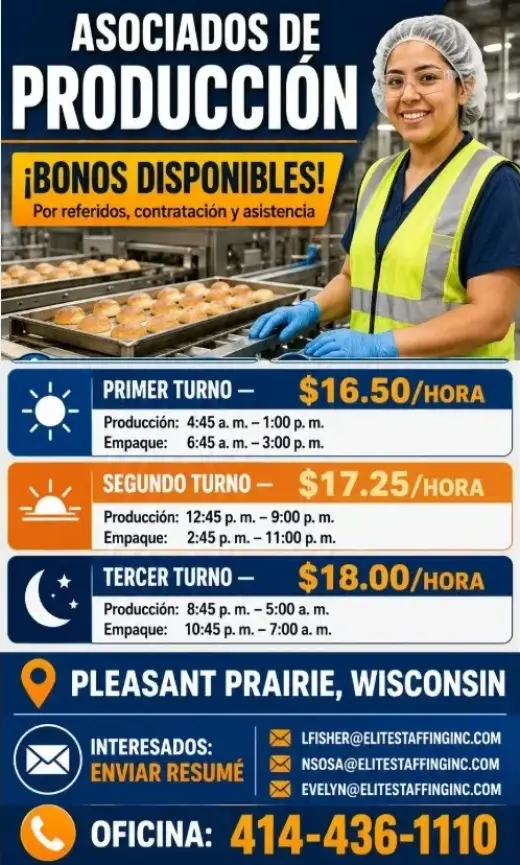 Solicito Asociados de Producción en 📍 Pleasant Prairie, Wisconsin
