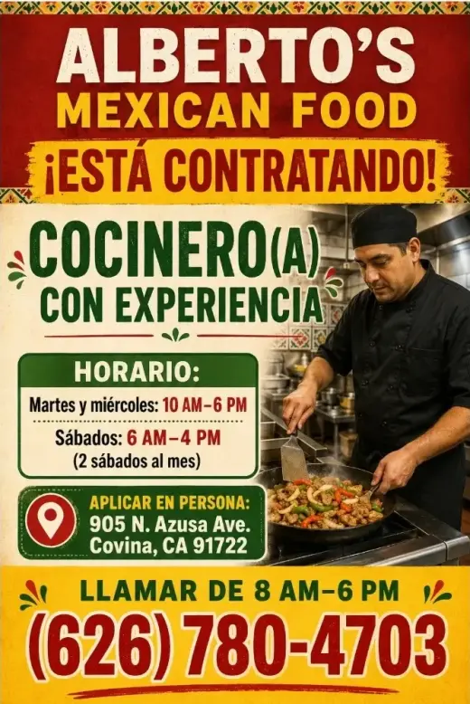 ALBERTO'S MEXICAN FOOD Solicita:  COCINERO(A) en Covina