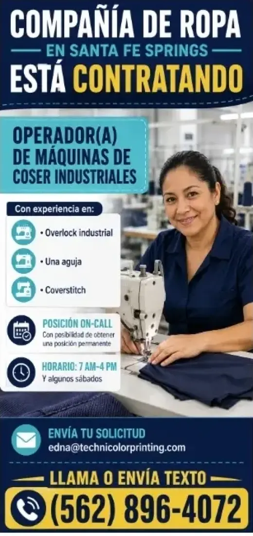 COMPAÑIA DE ROPA busca Operadores de Coser Industrial Santa-Fe-Spings