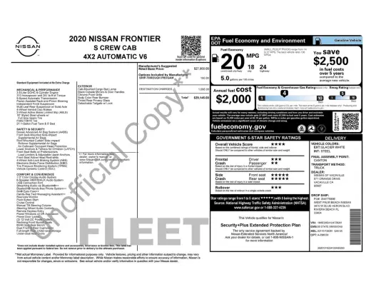 Nissan Frontier 2020 4x2 S 4dr Crew Cab 5 ft. SB