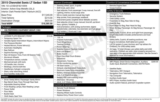 Chevrolet Sonic 2015 LT Automático 4 puertas Sedán