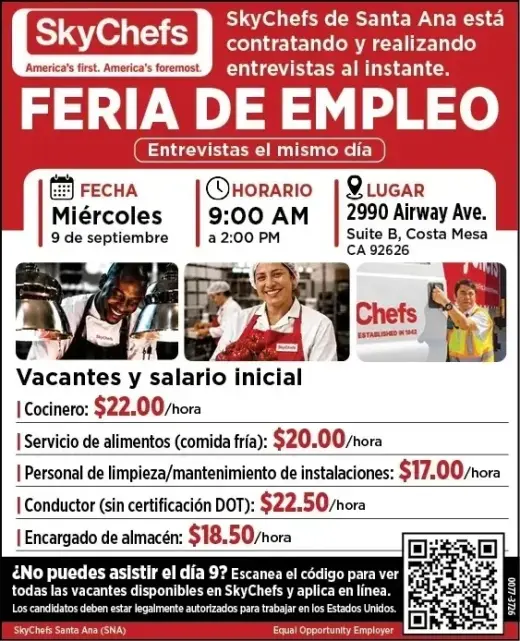 FERIA DE EMPLEO 🗓️ Miercoles 9 Sept 📍2990 Airway Ave Suite:B Costa Mesa