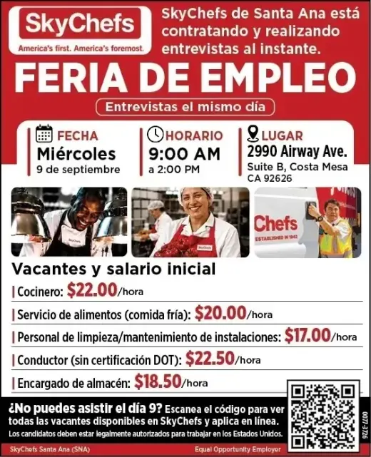 FERIA DE EMPLEO 🗓️ Miercoles 9 Sept 📍2990 Airway Ave Suite:B Costa Mesa