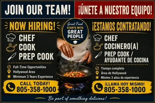 🔥 NOW HIRING | ¡CONTRATANDO en HOLLYWOOD AREA!