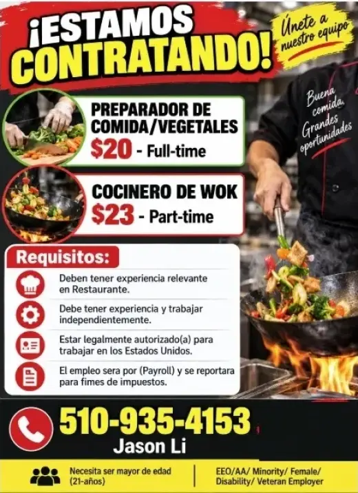 SOLICITO📌PREPARADOR DE COMIDA/VEGETALES y 📌COCINERO DE WOK