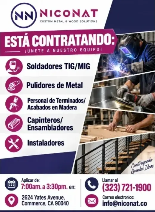 NICONAT- Solicita: 📌Soldadores📌 Pulidores📌 Carpinteros 📌Instaladores