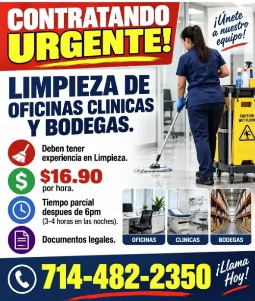LIMPIEZA DE OFICINAS CLINICAS Y BODEGAS (3-4 horas en las noches)