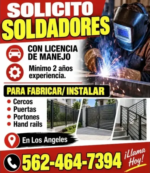 SOLICITO SOLDADORES Con Licencia de Manejo y 2 años experiencia