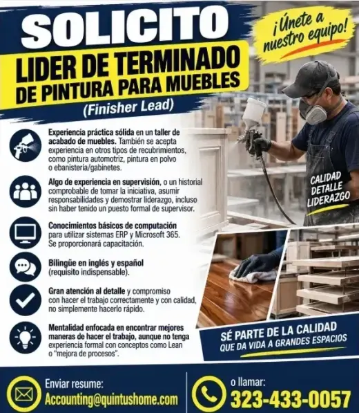 SOLICITO LIDER DE TERMINADO DE PINTURA PARA MUEBLES (Finisher Lead)