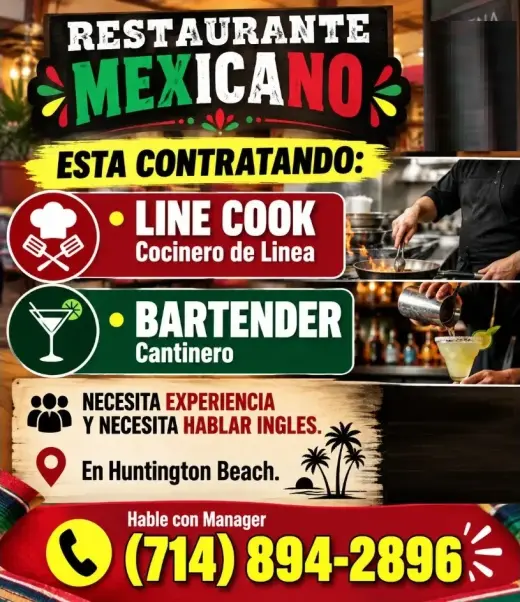 CONTRATANDO 📌LINE COOK- Cocinero de Linea  📌BARTENDER- Cantinero