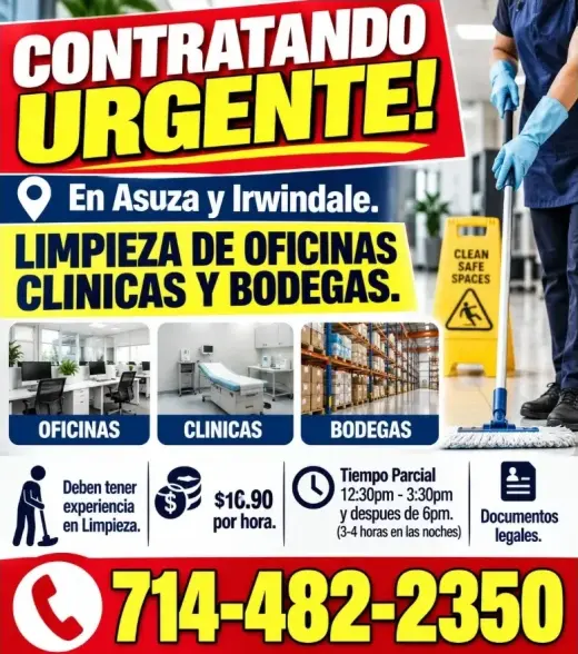 CONTRATANDO URGENTE!   En 📍Asuza y📍 Irwindale.