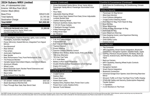 Subaru WRX 2024 AWD Limited 4dr Sedan 6M