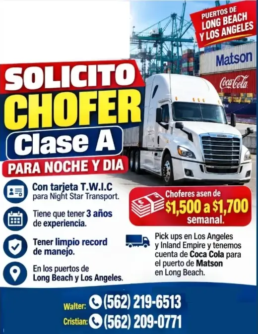 BUSCO CHOFER ClaseA con tarjeta T.W.I.C  en Puertos de LA y Long Beach