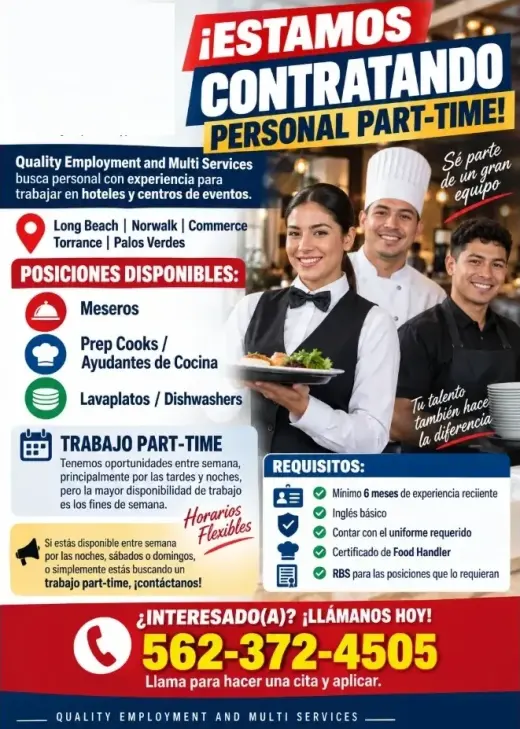 BUSCAMOS TRABAJADORES  para hoteles y centros de eventos