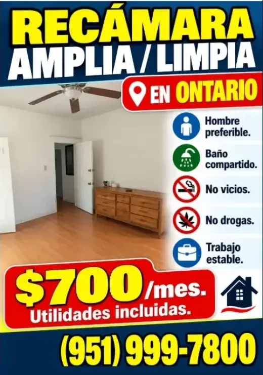 RECÁMARA AMPLIA en📍ONTARIO 📌$700/mes Utilidades incluidas.