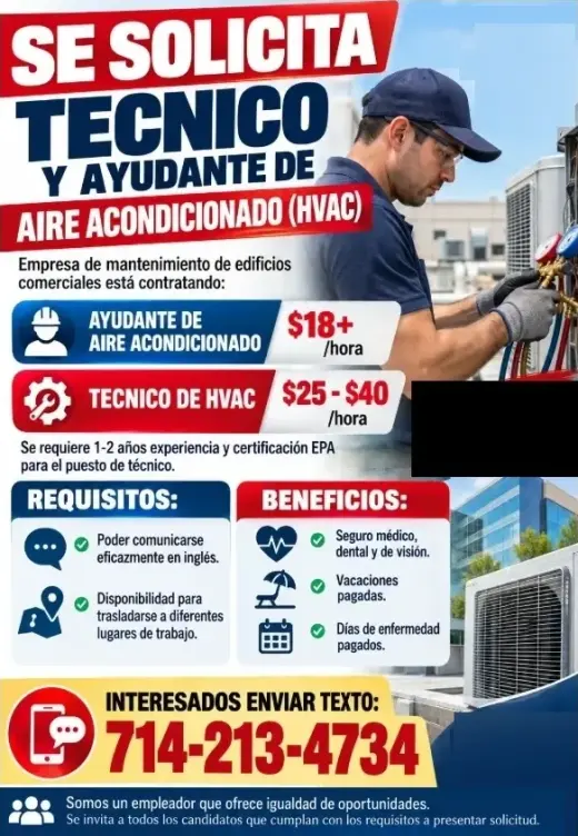 SE SOLICITA TECNICO   Y AYUDANTE DE   AIRE ACONDICIONADO (HVAC)
