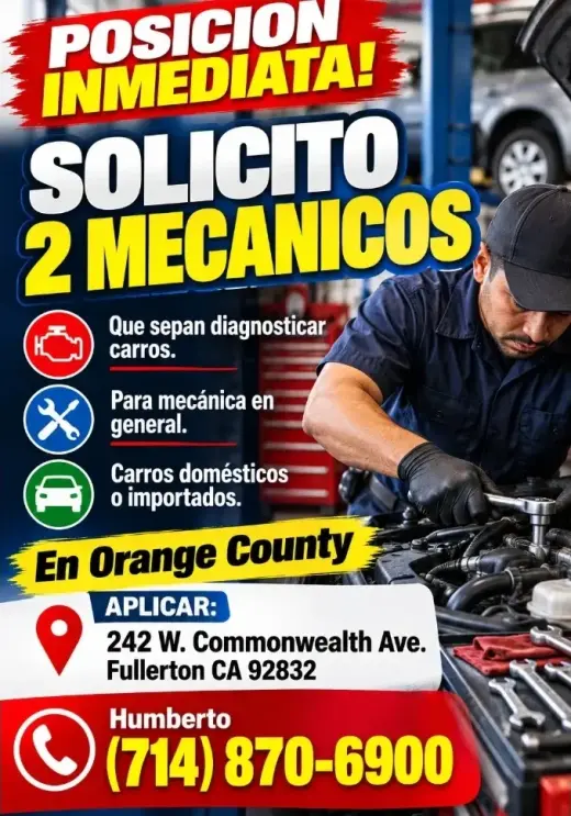 POSICION INMEDIATA! SOLICITO MECANICOS en 📍Fullerton