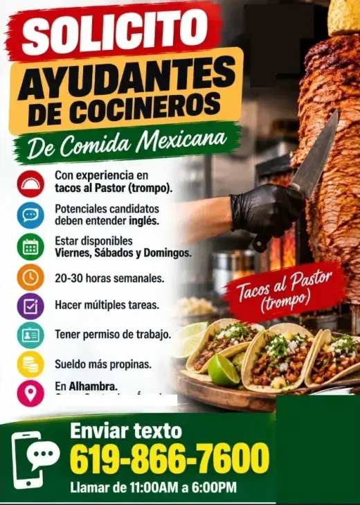 SOLICITO AYUDANTES DE COCINEROS En 📍Alhambra.