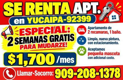 APT de 2rec📍YUCAIPA-92399 📣 2 SEMANAS GRATIS PARA MUDARSE ❗