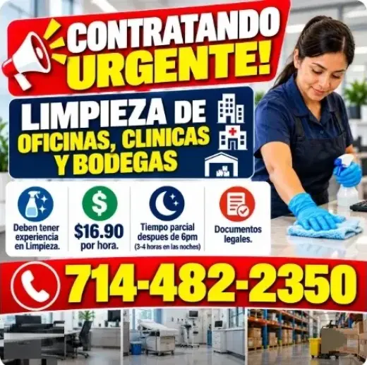 CONTRATANDO URGENTE!   📌LIMPIEZA DE OFICINAS CLINICAS Y 📌BODEGAS