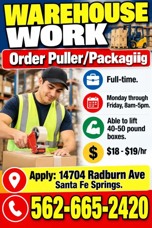 WAREHOUSE WORK Order Puller/Packaging